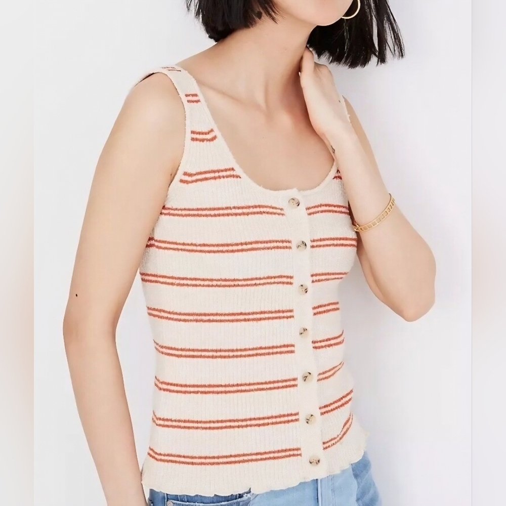 Madewell Cream and Orange Striped Button Tank Top